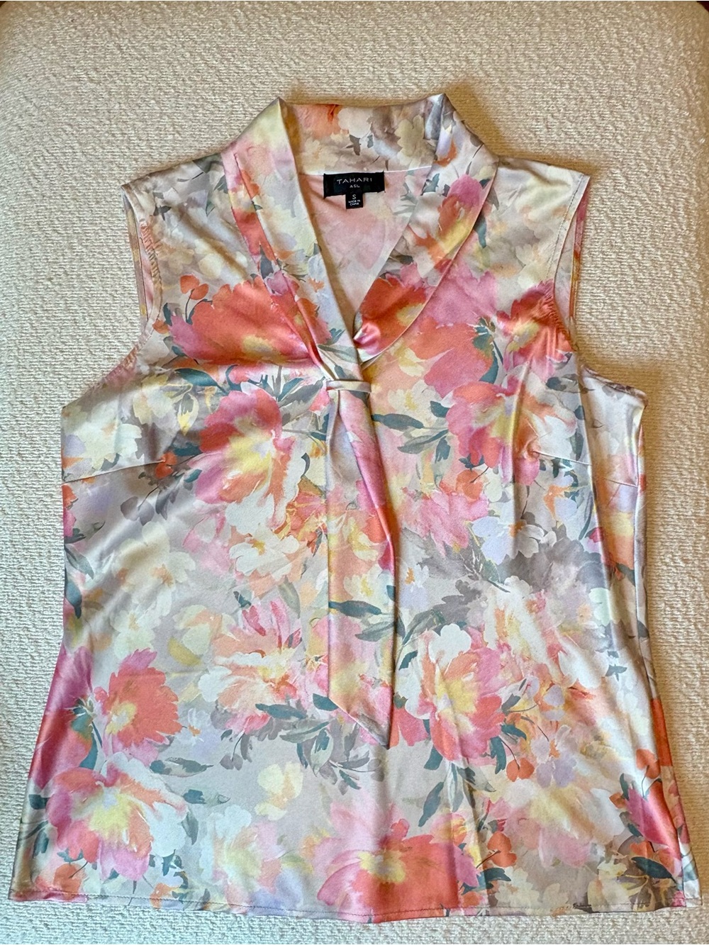 NWT - Tahari Pink Floral Tie-Neck Sleeveless Top